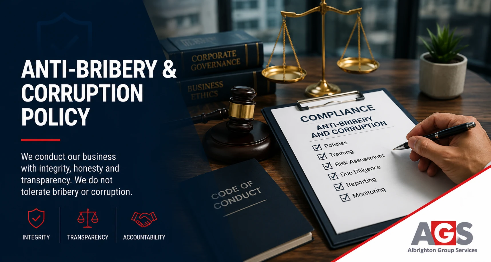 A compliance checklist being signed beside a code of conduct and scales of justice