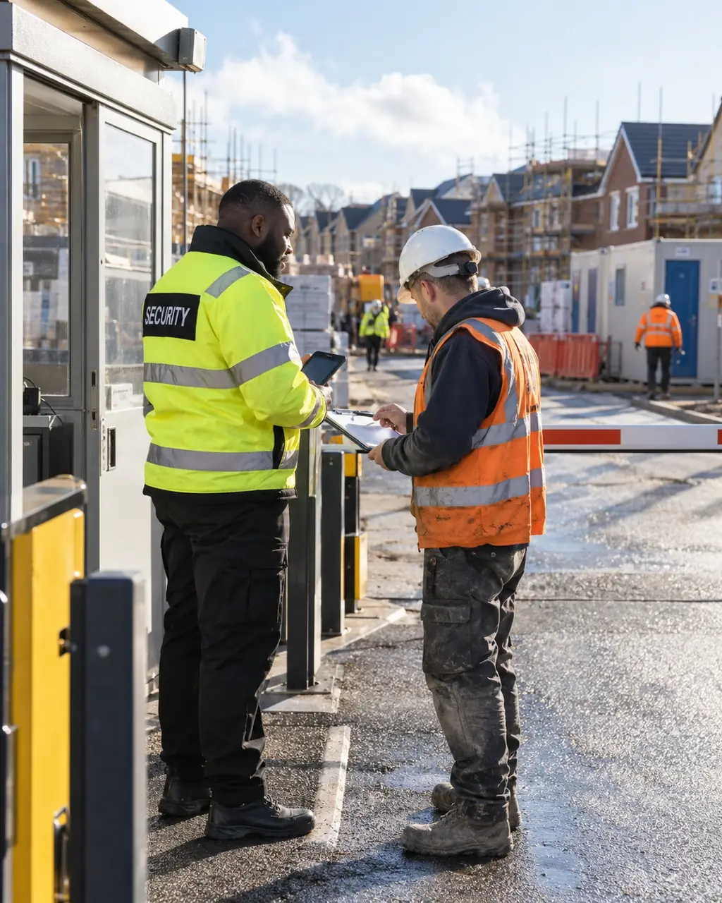 Security officer booking a contractor in at the gatehouse of a large new-build housing development.