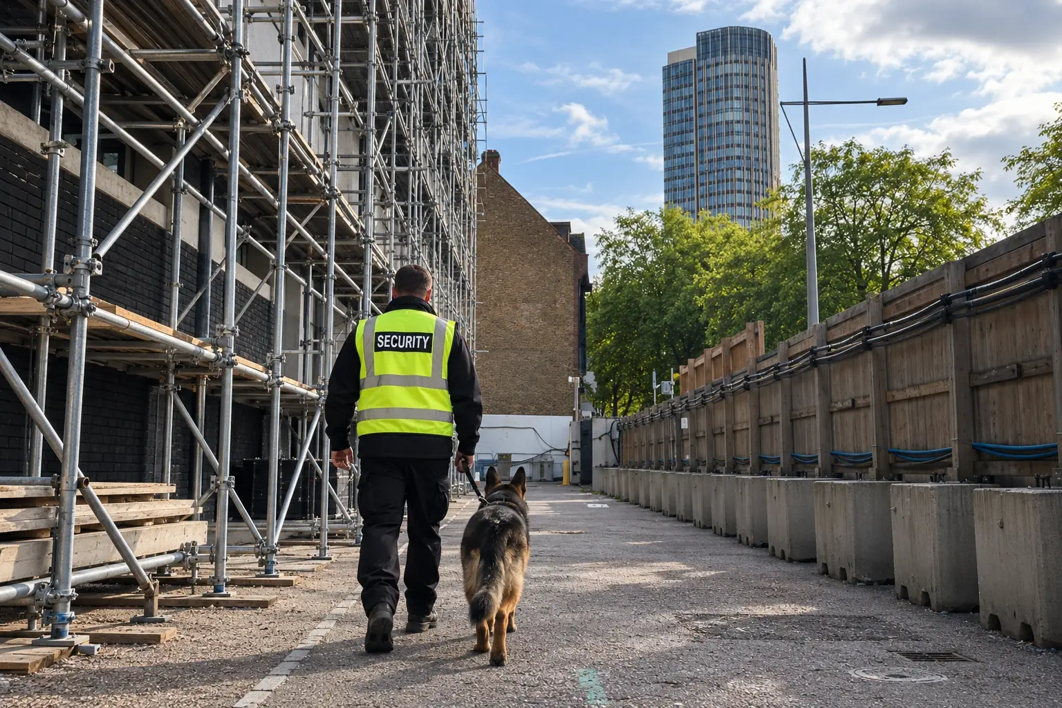 Security dog handler on perimeter patrol at the former London Television Centre demolition site, 72 Upper Ground, South Bank.
